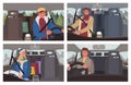 Men and Woman Driving Vehicles, Set of Pictures