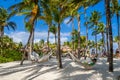 Men and woman girl are relaxing in hammocks on white sand beach among cocos palms, Playa del Carmen, Riviera Maya, Yu atan, Mexico