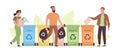 Men and a woman sort waste. Garbage sorting vector illustration in flat style. Waste free lifestyle that does not harm