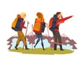 Men and woman travelling together, tourists hiking in mountains, summer adventure and exploration vector Illustration