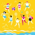 Men and women in bathing suits play beach volleyball and badminton on the beach. CMYK. Vector