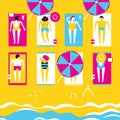Men and women in bathing suits sunbathe on the beach. Flat illustration. CMYK. Vector