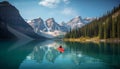 Men and women canoeing in tranquil Moraine Lake, Rocky Mountains generated by AI Royalty Free Stock Photo