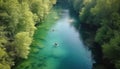 Men and women canoeing in tranquil pond generated by AI