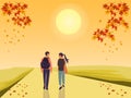 Couple carrying bags on the way.maple autumn on top .yellow sun  and yellow sky background Royalty Free Stock Photo