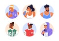 Men, women characters, circle avatars set. Happy young people, head portraits in sport style. Male and female athletes Royalty Free Stock Photo