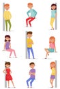 Men and Women Characters Standing Braced Against the Wall and Sitting in Different Poses Vector Illustrations Set Royalty Free Stock Photo