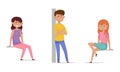 Men and Women Characters Standing Leaning on the Wall and Sitting Vector Illustrations Set