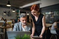 Man and woman having business meeting in a cafe, using laptop. Royalty Free Stock Photo