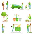 Men And Women Contributing Into Environment Preservation By Using Eco-Friendly Energy And Recycling Illustrations From