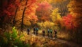 Men and women cycling through the colorful autumn forest generated by AI