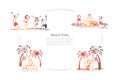 Men and women, dancing, playing guitar, dj performance, couple on romantic vacation, beach party banner