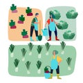 People doing agricultural works on vegetable patch. Vector flat illustration. Harvesting, gardening, agritourism concept Royalty Free Stock Photo