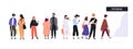 Men and women dressed in trendy clothes standing in line or queue in front of shop entrance doors. Stylish people Royalty Free Stock Photo