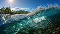 Men and women enjoy underwater adventure, swimming in transparent waves generated by AI