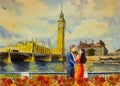 Watercolor painting Big Ben Clock Tower and thames river