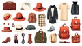 Men and women fashion clothing accessories, hats, footwear. Summer or winter outfits, fashionable casual clothes, shoes, and bags Royalty Free Stock Photo