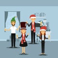 Men and women in formal clothes celebrating christmas with champagne and everyone with christmas hats on colorful scene Royalty Free Stock Photo