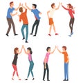 Men and Women Giving High Five to Each Other Set, Meeting of People, Greeting of Freinds or Partners Vector Illustration