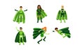 Men And Women In Green Superheroe Costumes With Ecological Signes Vector Illustration Set