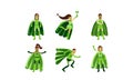 Collection Of Men And Women In Green Superheroe Costumes With Ecological Signes Vector Illustrations