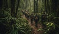 Men and women hike through tropical rainforest, armed for adventure generated by AI