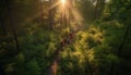 Men and women hiking through foggy forest generated by AI