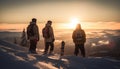 Men and women hiking mountain range together generative AI