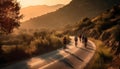 Men and women hiking mountain at sunrise generated by AI