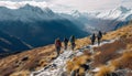 Men and women hiking in the snow covered mountain range generated by AI