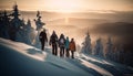 Men and women hiking in snowy forest generated by AI