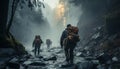 Men and women hiking in the winter, exploring extreme terrain generated by AI