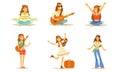 Men and Women Hippie Characters Set, Happy People Wearing Hippie Clothes of the 60s and 70s Playing Music, Travelling