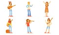 Men and Women Hippie Characters Set, Happy People Wearing Hippie Clothes of the 60s and 70s Vector Illustration