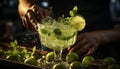 Men and women holding cocktail glasses, pouring fresh mojitos at the bar generated by AI