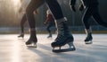 Men and women ice skating, practicing for ice hockey competition indoors generated by AI