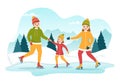 Men, Women and Kids Skating on Ice Rink Wearing Winter Clothes for Outdoor Activity in Flat Cartoon Hand Drawn Illustration