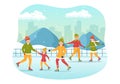 Men, Women and Kids Skating on Ice Rink Wearing Winter Clothes for Outdoor Activity in Flat Cartoon Hand Drawn Illustration