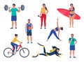 Men and women performing various sports activities. Bundle of happy training or exercising people. Strength training, cycling, Royalty Free Stock Photo