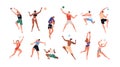 Men, women playing summer beach volleyball set. Volley ball players in action during active sport game. People in bikini Royalty Free Stock Photo
