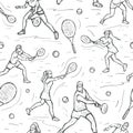 Men and women playing tennis. Tennis sports contest. People playing tennis. Graphic seamless vector sketch pattern with athletes.