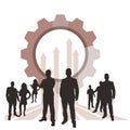 Men and women professional standing front of setting gears and stock illustrations in two color. Business Team Vector silhouettes