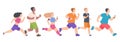 Men and women running. Cartoon people jogging. Teenagers training in sportswear. Outdoor workout or marathon. Sport