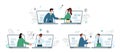 Men and women shake hands online through opened laptops. Partnership and teamwork on the Internet, messengers and chats. Royalty Free Stock Photo