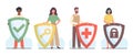 Men and women with shields with lock, key, cross and tick. Privacy concept. Security access. Protection and insurance Royalty Free Stock Photo