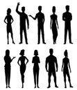 Men and women silhouettes set in different poses and clothing styles. Vector group of standing people in black color