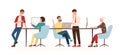 Men and women sitting at desk and standing in modern office, working at computers and talking with colleagues. Effective