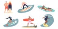 Men and women surfing. Set of cartoon characters surfers riding surfboards on wave