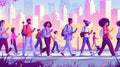 Men and women walking along the streets with smartphones in hand. Urban cityscape illustration showing people with Royalty Free Stock Photo