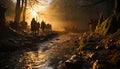 Men and women walking on a foggy forest footpath at dusk generated by AI